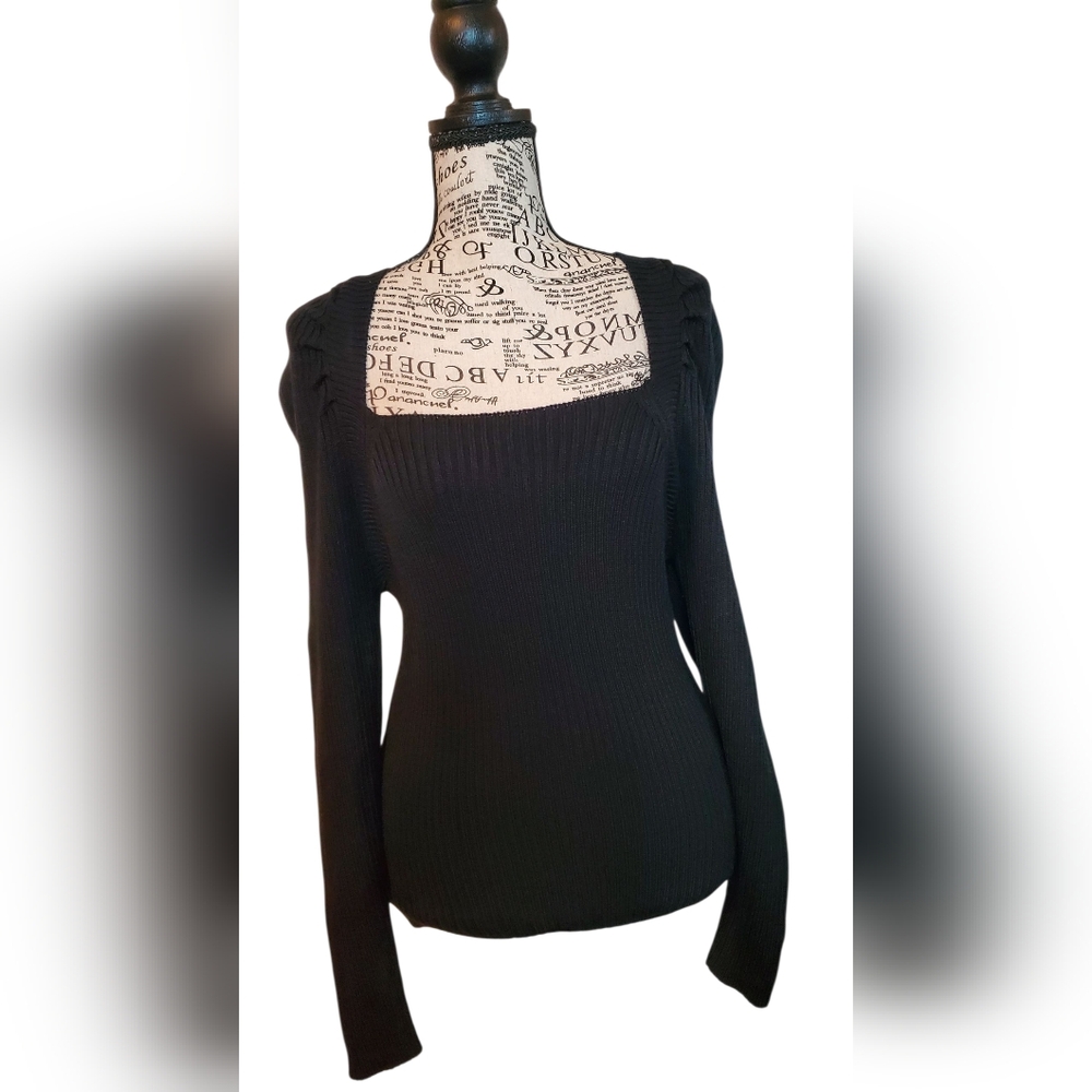 Versona Black Open Back Ribbed Knit Square Neck Sweater Size L